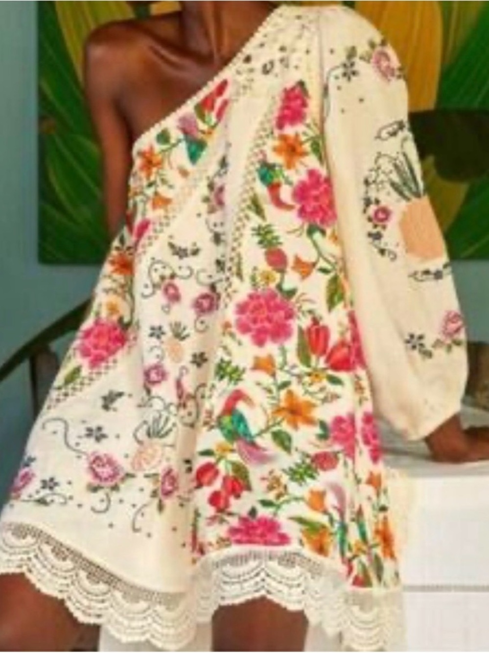 FARM Rio One-Shoulder Cream Floral Mini Dress with Pink & Green Accents - Picture 2 of 15